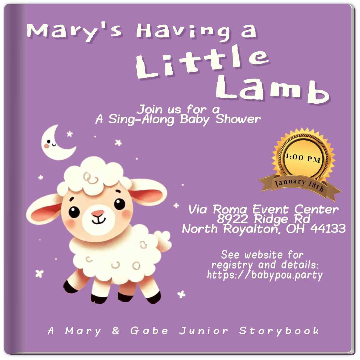 The baby shower invitation, styled as a children's storybook